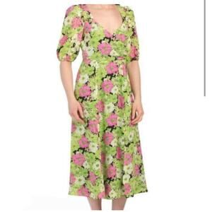 WAYF Floral Midi Dress Surplice Neckline Puff Sleeve Green Pink A Line XS